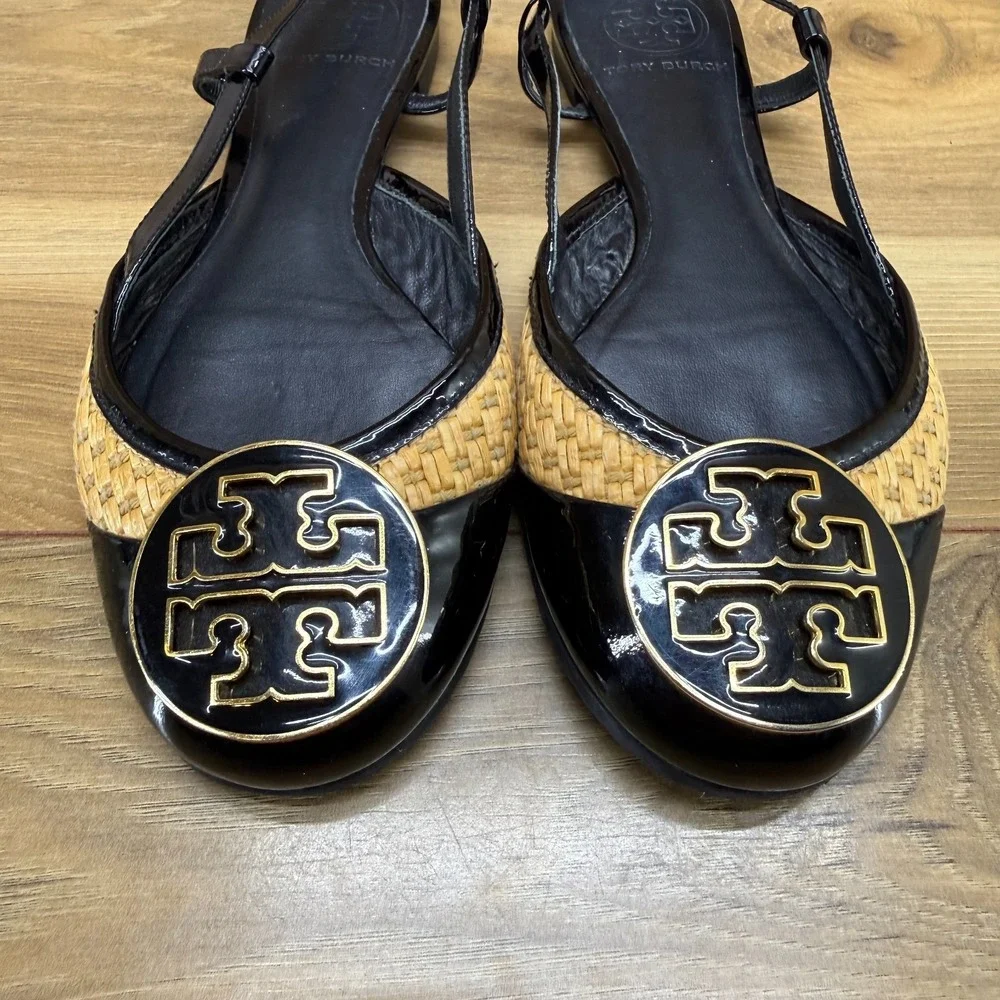 Tory Burch Jolie Woven Raffia Reva Flats Womens 6.5 Black Gold Slingback